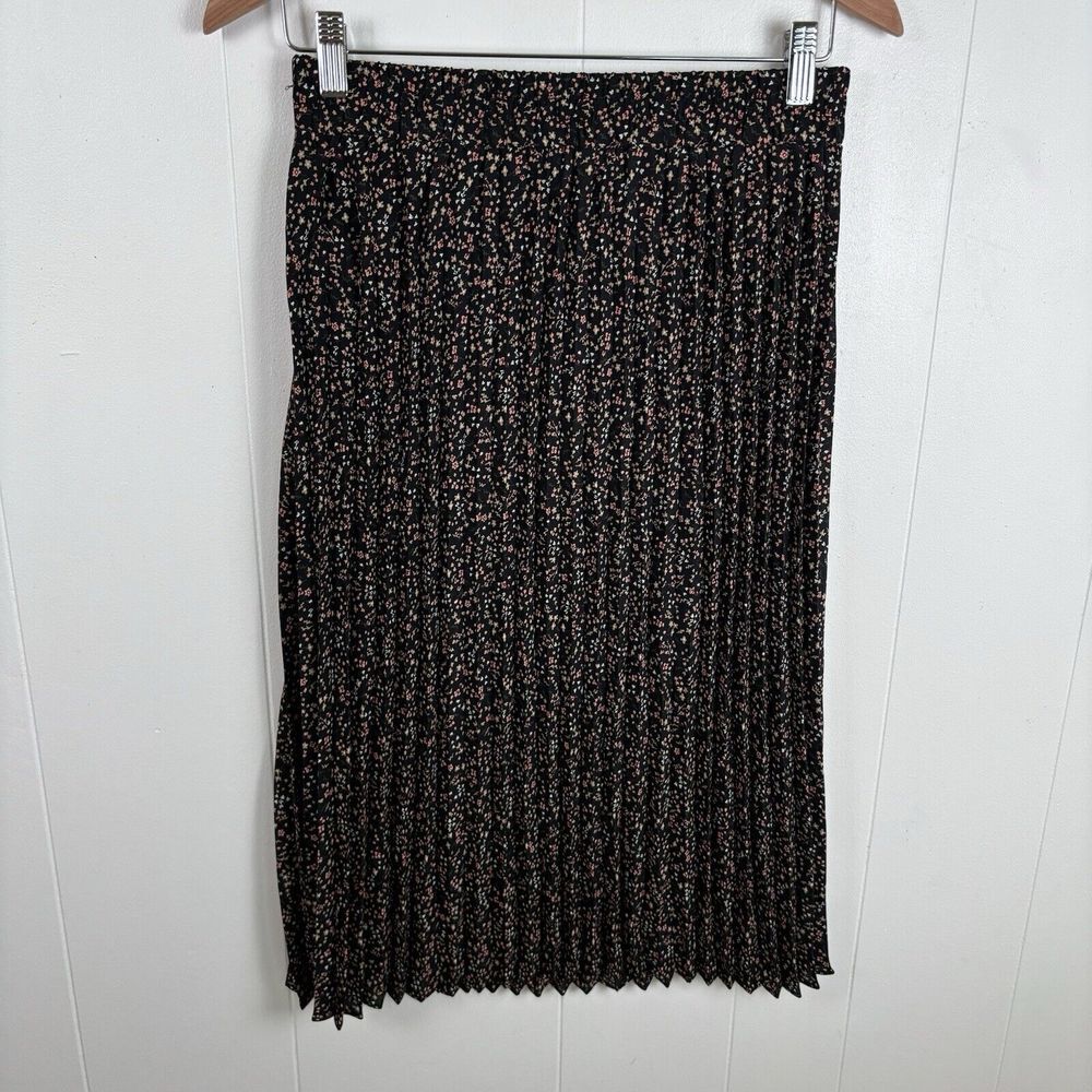 Pleione Women's Small Black Pink Floral Pleated Midi Skirt Pull On Elastic Waist - Picture 6 of 8